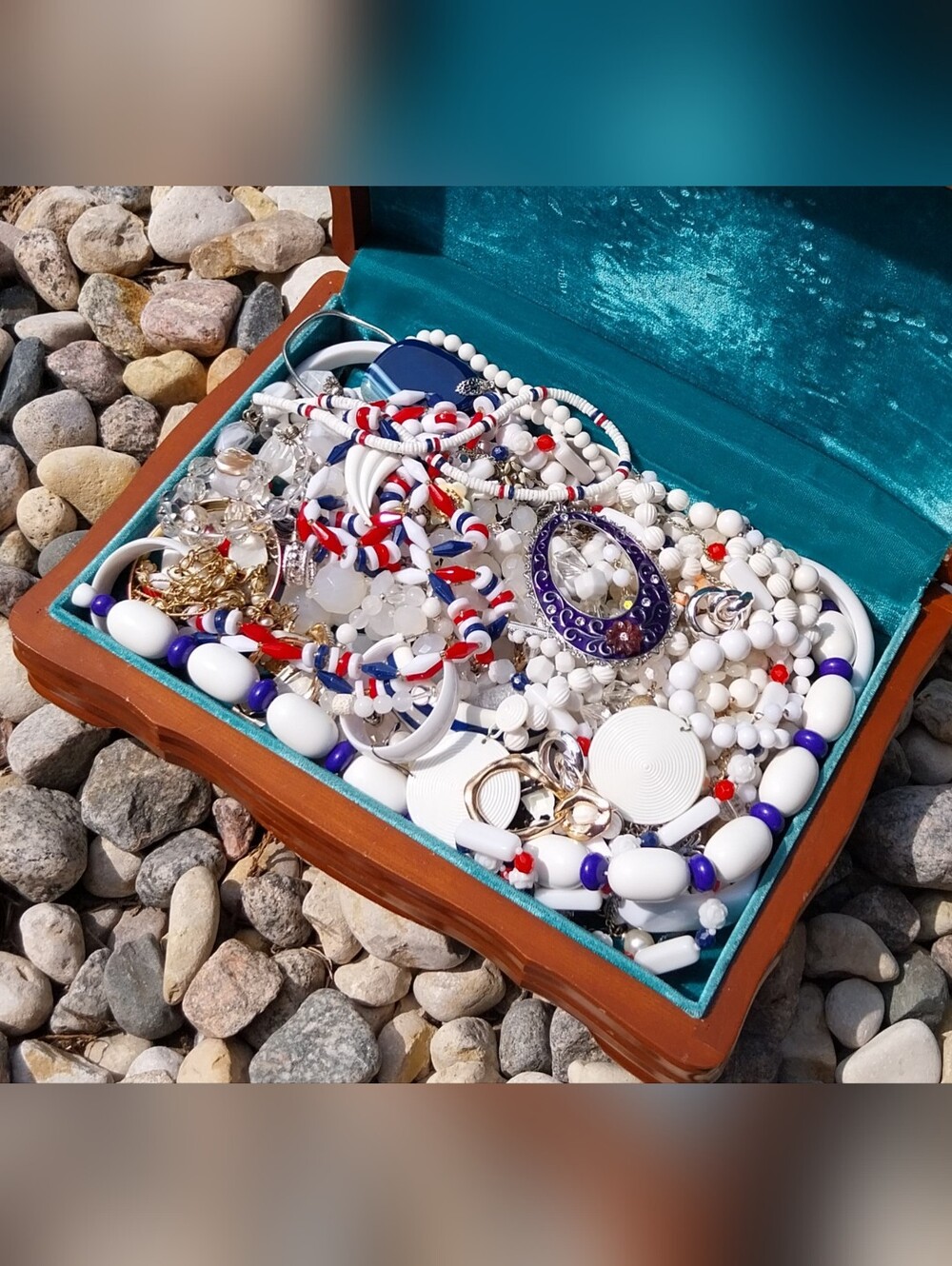 Multi-Strand White & Blue Women's Statement Necklace Set